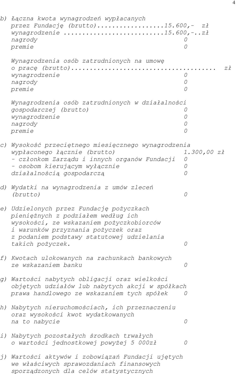 300,00 zł - członkom Zarządu i innych organów Fundacji 0 - osobom kierującym wyłącznie 0 działalnością gospodarczą 0 d) Wydatki na wynagrodzenia z umów zleceń (brutto) 0 e) Udzielonych przez Fundację