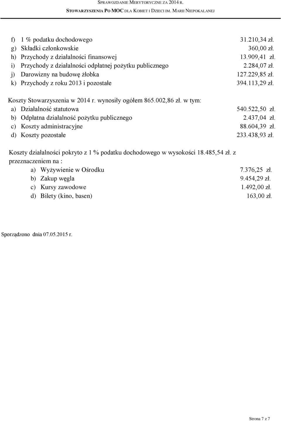 522,50 zł. b) Odpłatna działalność pożytku publicznego 2.437,04 zł. c) Koszty administracyjne 88.604,39 zł. d) Koszty pozostałe 233.438,93 zł.