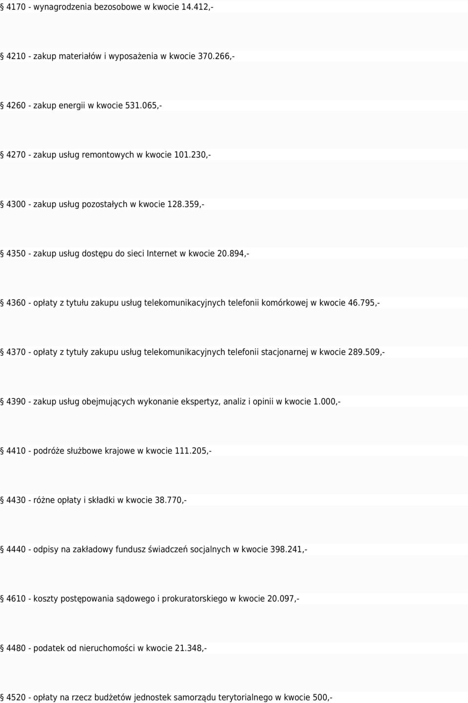 894,- 4360 - opłaty z tytułu zakupu usług telekomunikacyjnych telefonii komórkowej w kwocie 46.795,- 4370 - opłaty z tytuły zakupu usług telekomunikacyjnych telefonii stacjonarnej w kwocie 289.