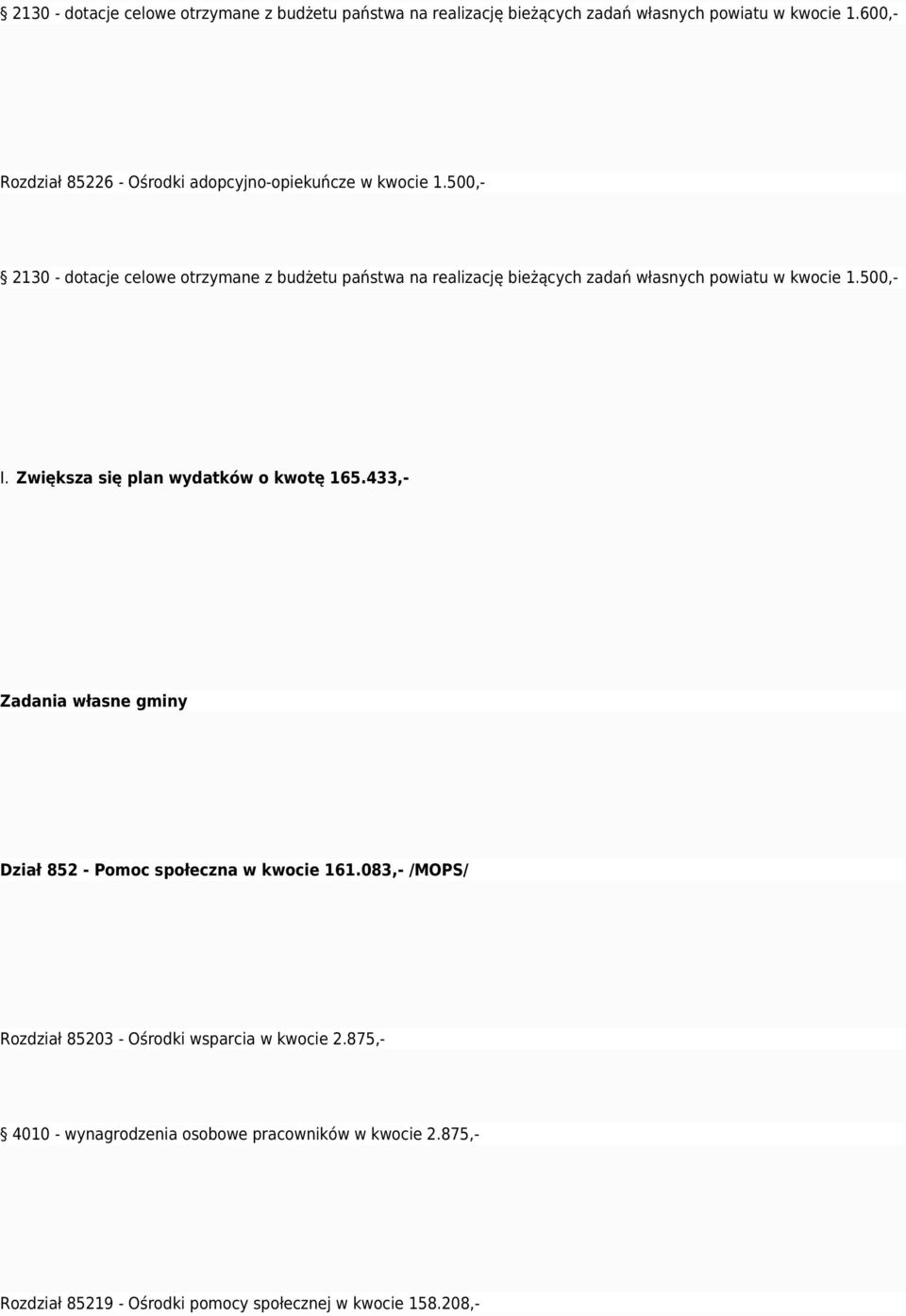 433,- Zadania własne gminy Dział 852 - Pomoc społeczna w kwocie 161.083,- /MOPS/ Rozdział 85203 - Ośrodki wsparcia w kwocie 2.