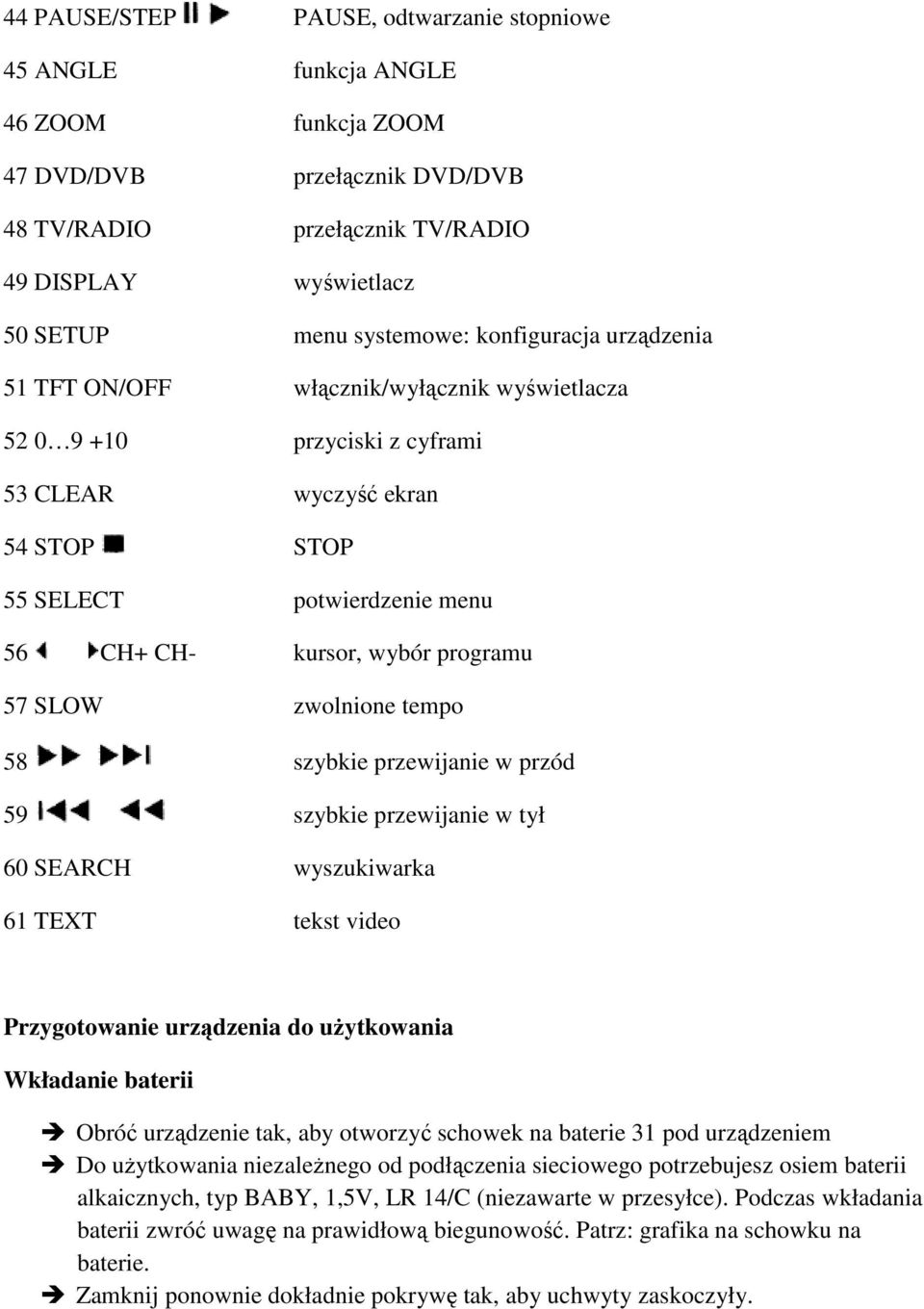 57 SLOW zwolnione tempo 58 szybkie przewijanie w przód 59 szybkie przewijanie w tył 60 SEARCH wyszukiwarka 61 TEXT tekst video Przygotowanie urządzenia do użytkowania Wkładanie baterii Obróć