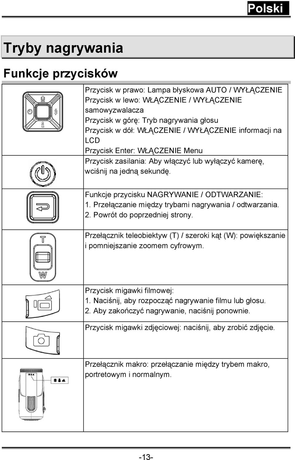 Przełączanie między trybami nagrywania / odtwarzania. 2. Powrót do poprzedniej strony. Przełącznik teleobiektyw (T) / szeroki kąt (W): powiększanie i pomniejszanie zoomem cyfrowym.