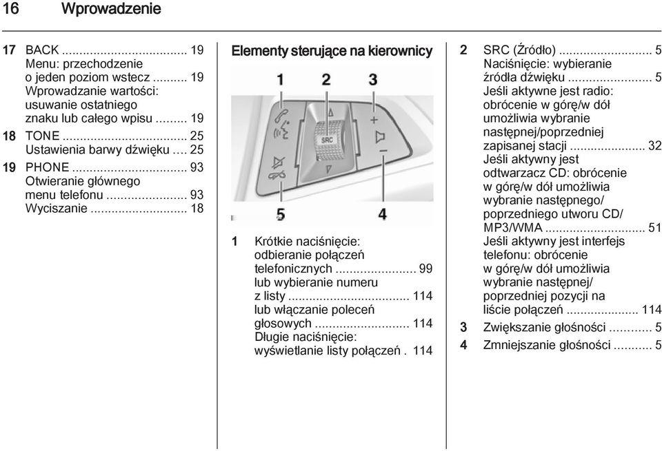 .. 99 lub wybieranie numeru z listy... 114 lub włączanie poleceń głosowych... 114 Długie naciśnięcie: wyświetlanie listy połączeń. 114 2 SRC (Źródło)...5 Naciśnięcie: wybieranie źródła dźwięku.