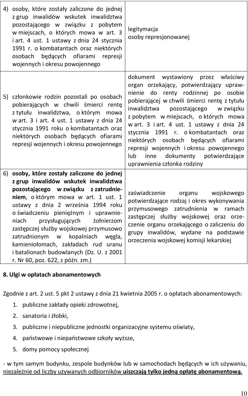 o kombatantach oraz niektórych osobach będących ofiarami represji wojennych i okresu powojennego 5) członkowie rodzin pozostali po osobach pobierających w chwili śmierci rentę z tytułu inwalidztwa, o