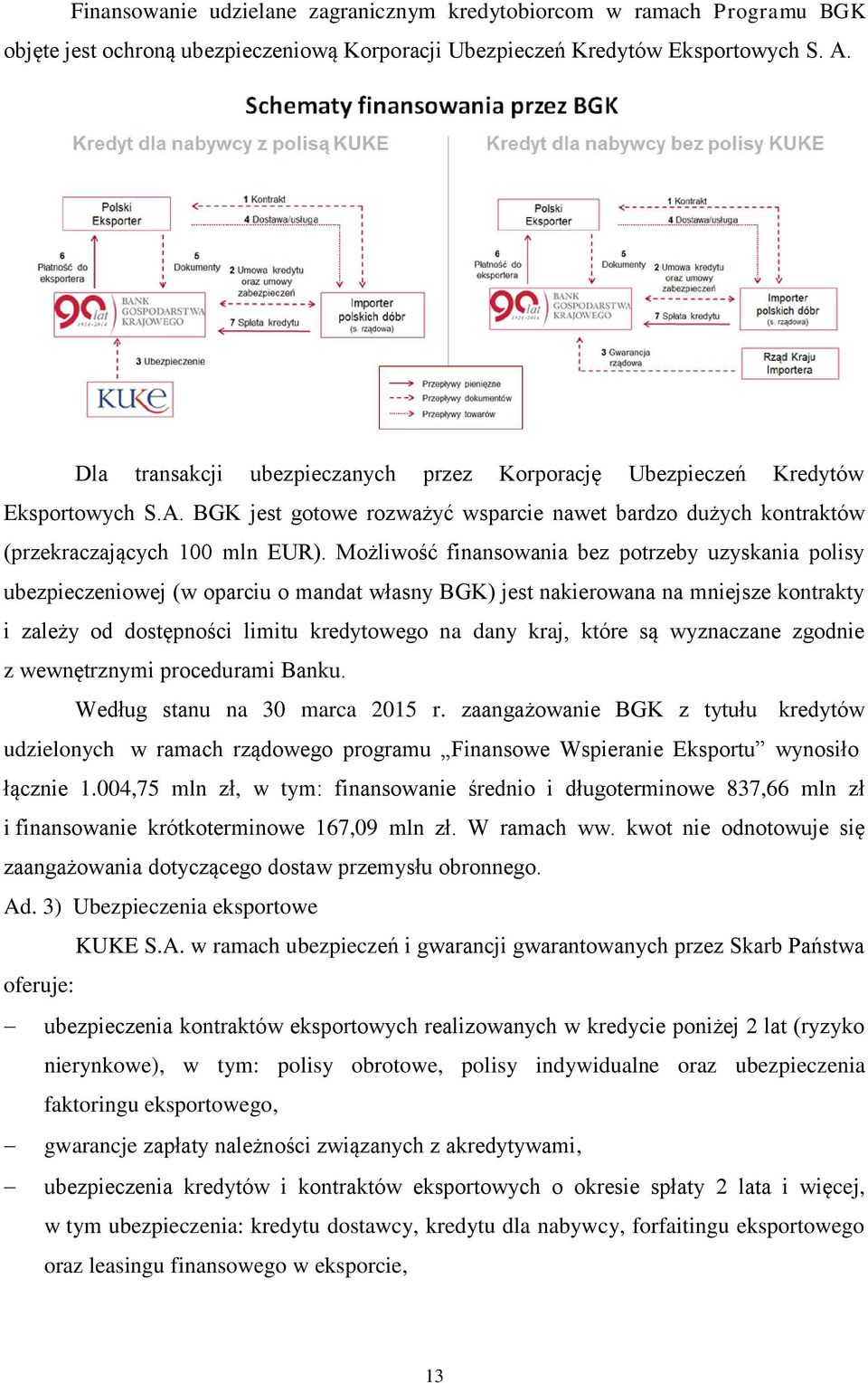 Możliwość finansowania bez potrzeby uzyskania polisy ubezpieczeniowej (w oparciu o mandat własny BGK) jest nakierowana na mniejsze kontrakty i zależy od dostępności limitu kredytowego na dany kraj,