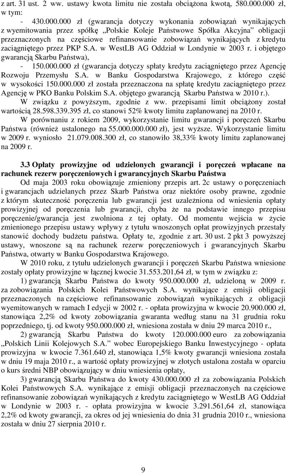 refinansowanie zobowiązań wynikających z kredytu zaciągniętego przez PKP S.A. w WestLB AG Oddział w Londynie w 2003 r. i objętego gwarancją Skarbu Państwa), - 150.000.