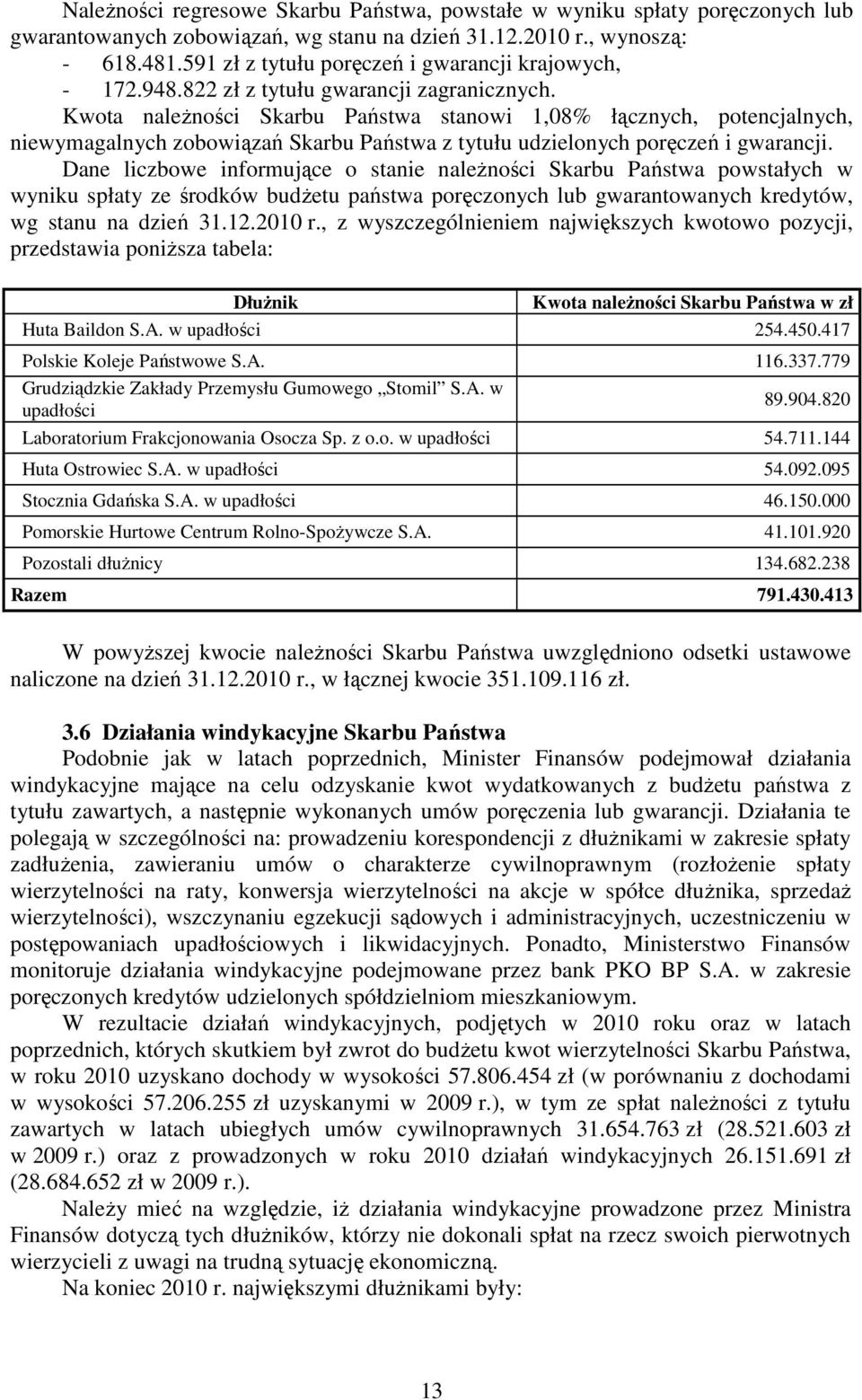 Kwota naleŝności Skarbu Państwa stanowi 1,08% łącznych, potencjalnych, niewymagalnych zobowiązań Skarbu Państwa z tytułu udzielonych poręczeń i gwarancji.