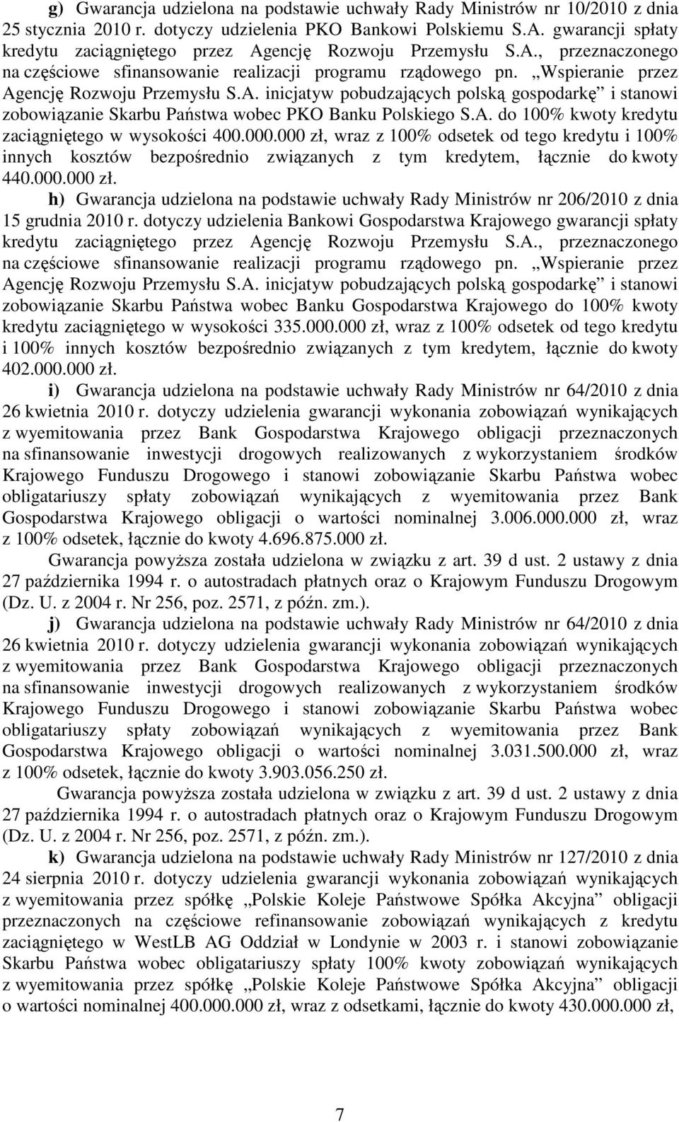 000.000 zł, wraz z 100% odsetek od tego kredytu i 100% innych kosztów bezpośrednio związanych z tym kredytem, łącznie do kwoty 440.000.000 zł. h) Gwarancja udzielona na podstawie uchwały Rady nr 206/2010 15 grudnia 2010 r.