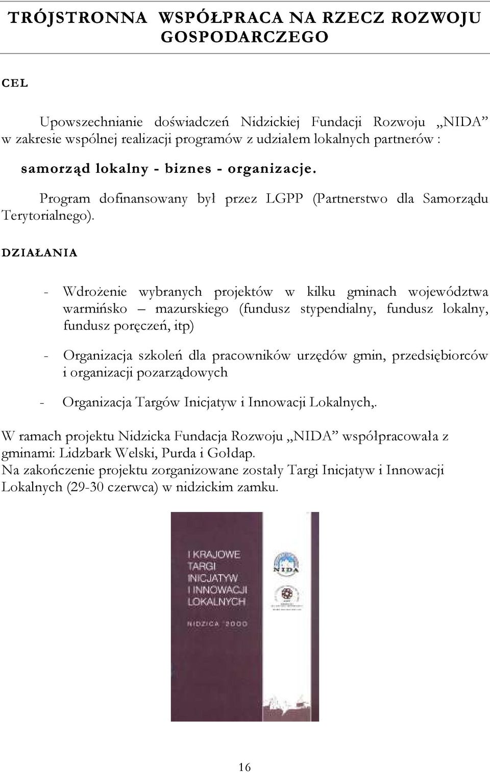 - Wdrożenie wybranych projektów w kilku gminach województwa warmińsko mazurskiego (fundusz stypendialny, fundusz lokalny, fundusz poręczeń, itp) - Organizacja szkoleń dla pracowników