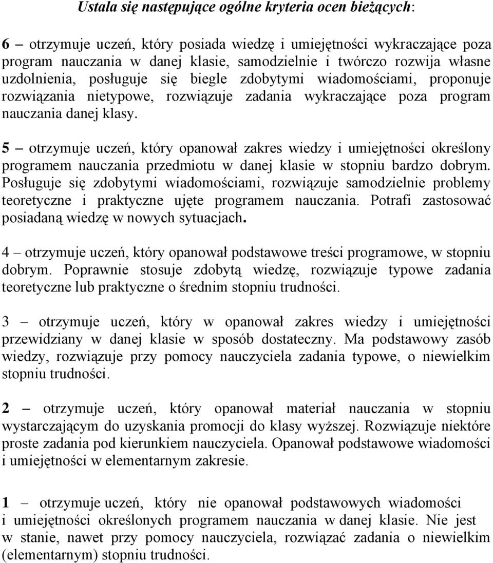 5 otrzymuje uczeń, który opanował zakres wiedzy i umiejętności określony programem nauczania przedmiotu w danej klasie w stopniu bardzo dobrym.