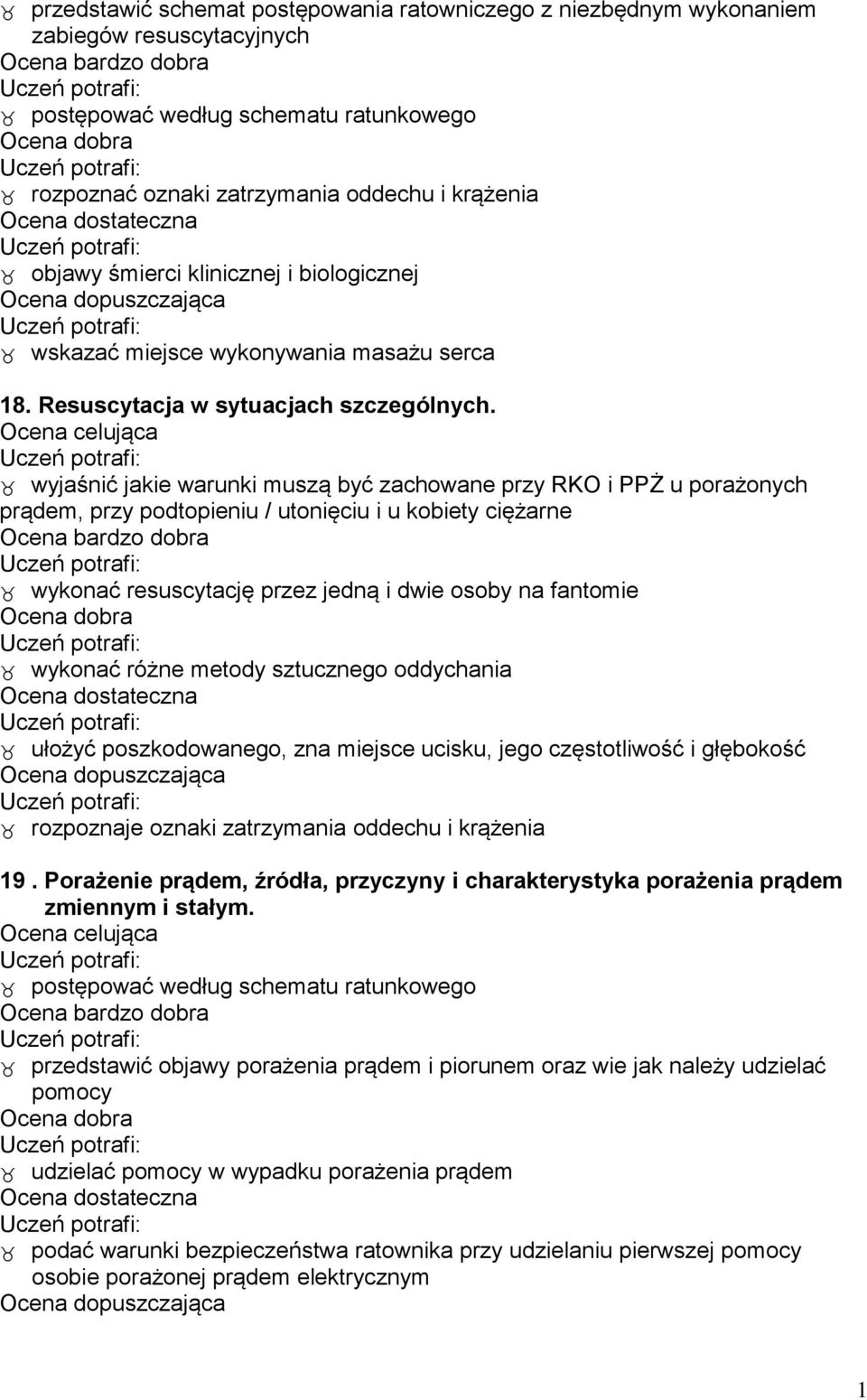 wyjaśnić jakie warunki muszą być zachowane przy RKO i PPŻ u porażonych prądem, przy podtopieniu / utonięciu i u kobiety ciężarne wykonać resuscytację przez jedną i dwie osoby na fantomie wykonać