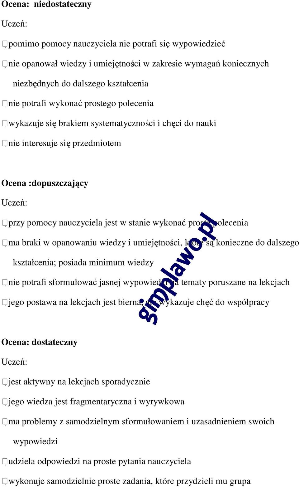 opanowaniu wiedzy i umiejętności, które są konieczne do dalszego kształcenia; posiada minimum wiedzy nie potrafi sformułować jasnej wypowiedzi na tematy poruszane na lekcjach jego postawa na lekcjach