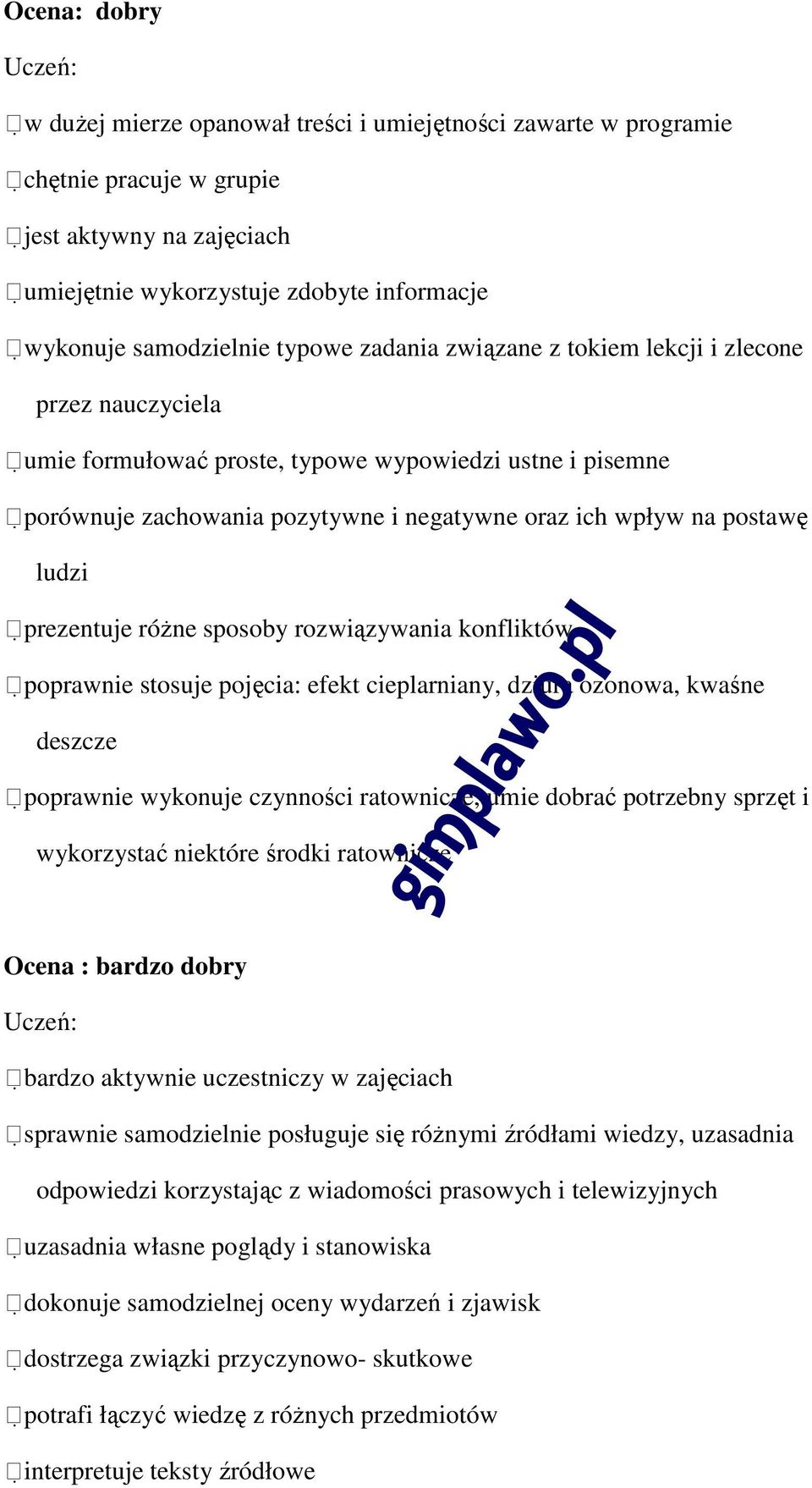 ludzi prezentuje różne sposoby rozwiązywania konfliktów poprawnie stosuje pojęcia: efekt cieplarniany, dziura ozonowa, kwaśne deszcze poprawnie wykonuje czynności ratownicze, umie dobrać potrzebny