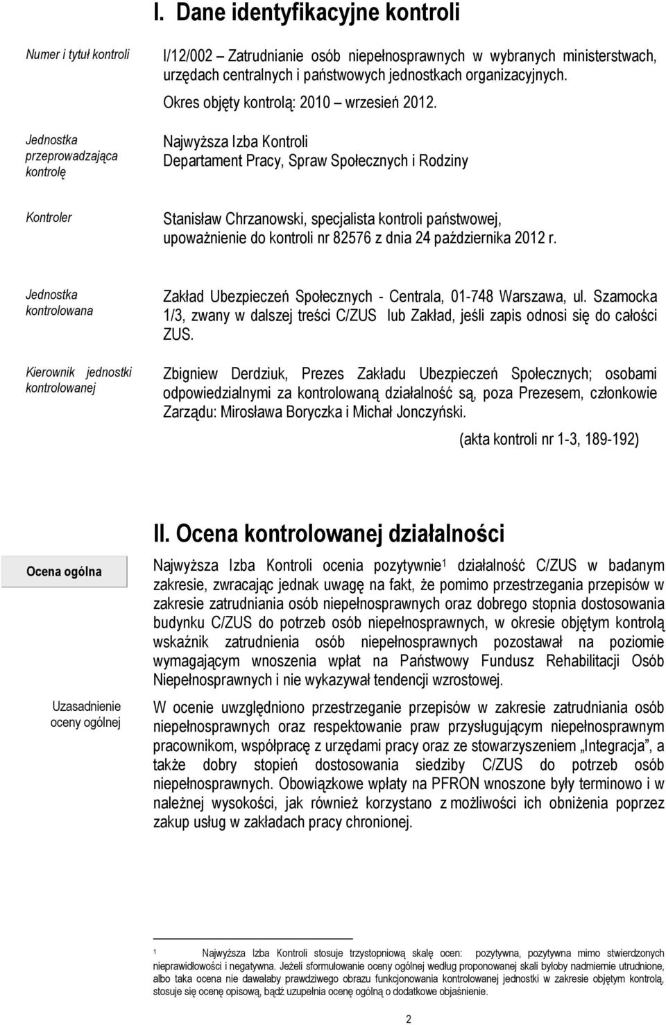 Najwyższa Izba Kontroli Departament Pracy, Spraw Społecznych i Rodziny Kontroler Stanisław Chrzanowski, specjalista kontroli państwowej, upoważnienie do kontroli nr 82576 z dnia 24 października 2012