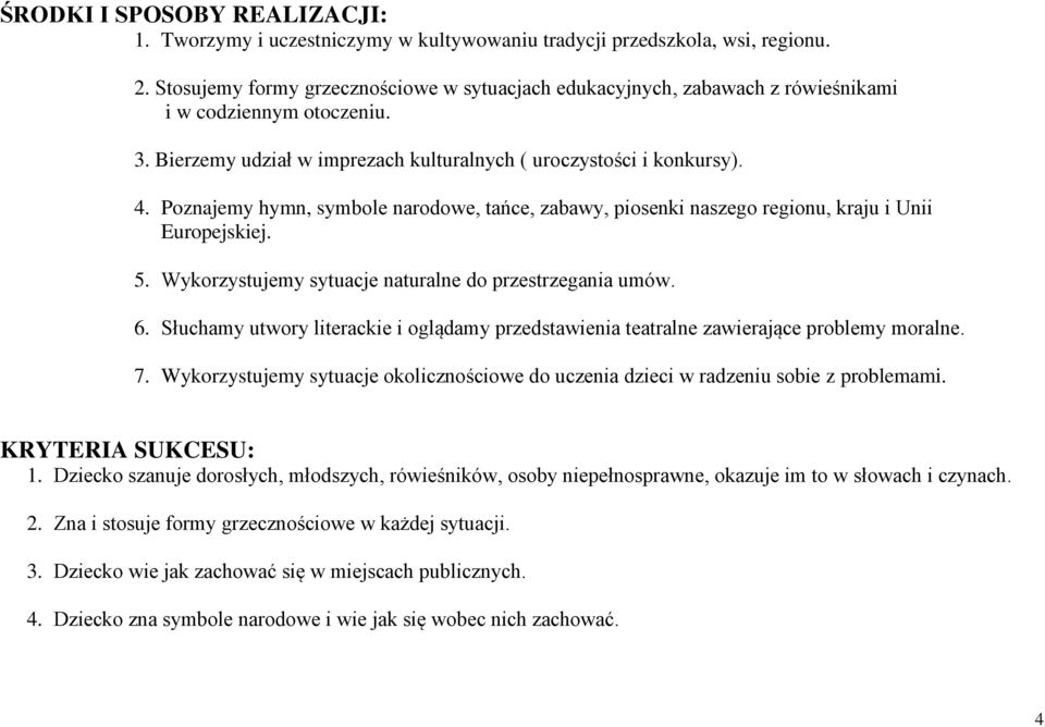 Poznajemy hymn, symbole narodowe, tańce, zabawy, piosenki naszego regionu, kraju i Unii Europejskiej. 5. Wykorzystujemy sytuacje naturalne do przestrzegania umów. 6.