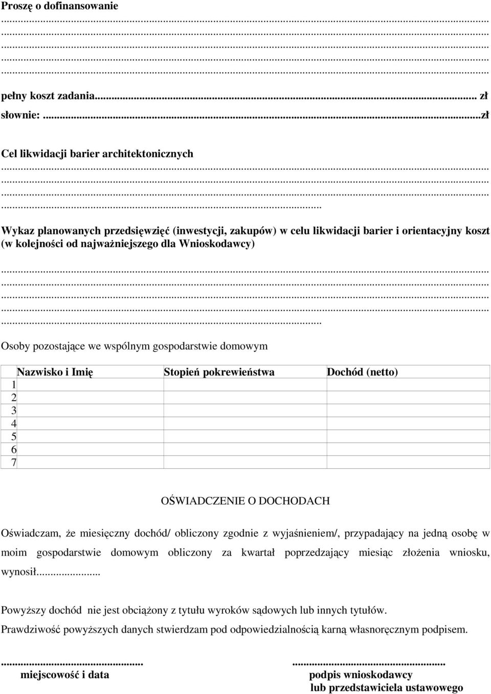 .. Osoby pozostające we wspólnym gospodarstwie domowym Nazwisko i Imię Stopień pokrewieństwa Dochód (netto) 1 2 3 4 5 6 7 OŚWIADCZENIE O DOCHODACH Oświadczam, Ŝe miesięczny dochód/ obliczony zgodnie