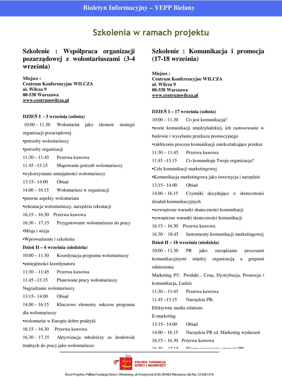 15 Mapowanie potrzeb wolontariuszy wykorzystanie umiejętności wolontariuszy 14.00 16.15 Wolontariusz w organizacji prawne aspekty wolontariatu rekrutacja wolontariuszy, narzędzia rekrutacji 16.30-17.