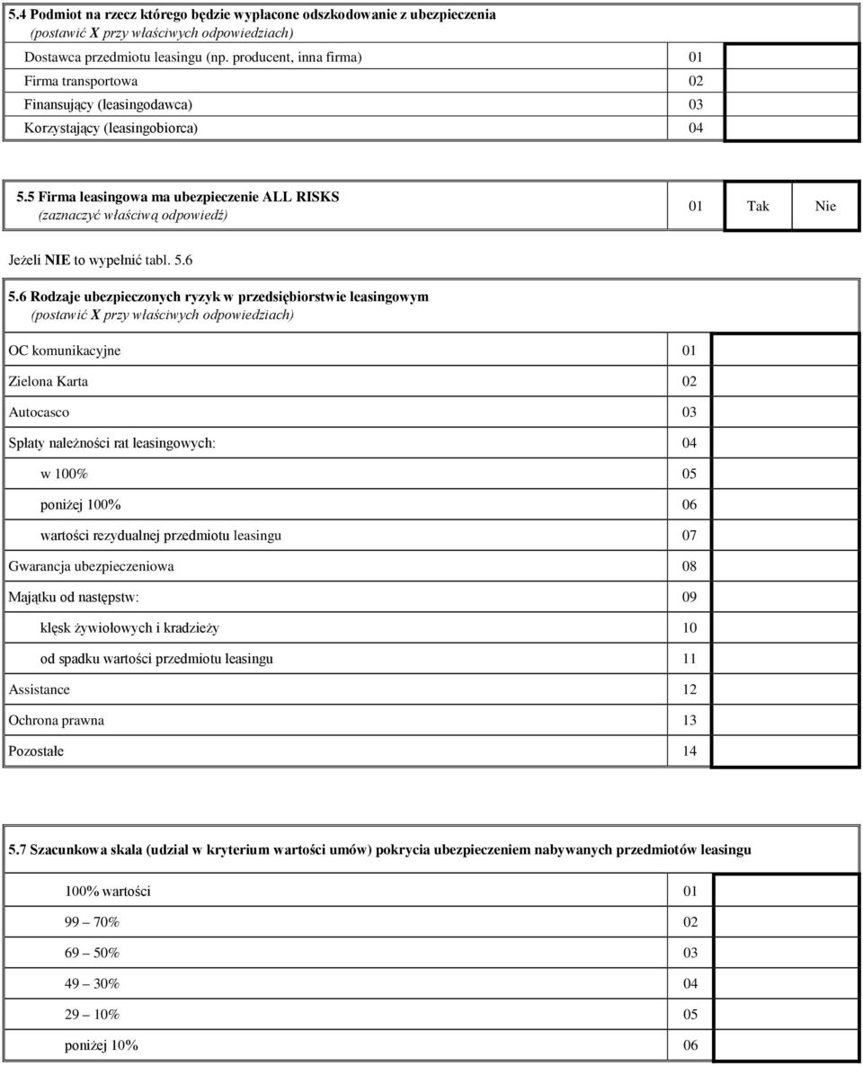 5 Firma leasingowa ma ubezpieczenie ALL RISKS (zaznaczyć właściwą odpowiedź) 01 Tak Nie Jeżeli NIE to wypełnić tabl. 5.6 5.