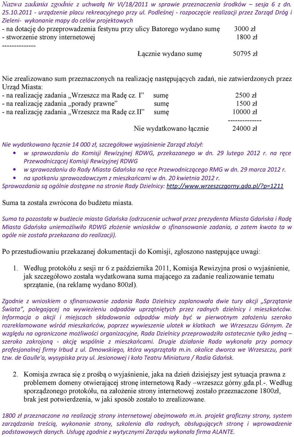 strony internetowej 1800 zł -------------- Łącznie wydano sumę 50795 zł Nie zrealizowano sum przeznaczonych na realizację następujących zadań, nie zatwierdzonych przez Urząd Miasta: - na realizację