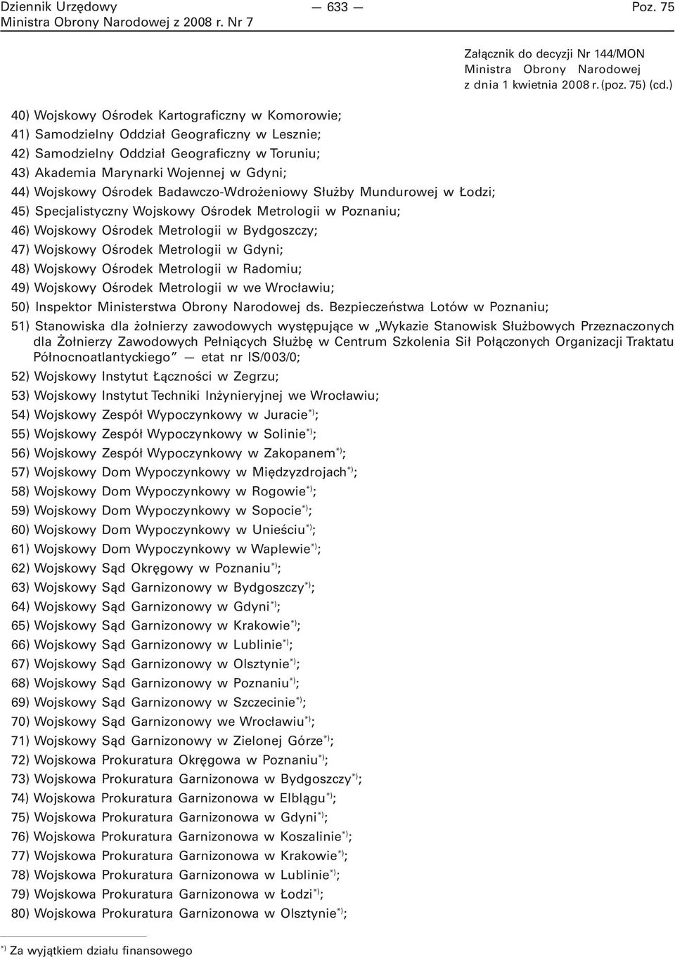 Wojskowy Ośrodek Badawczo-Wdrożeniowy Służby Mundurowej w Łodzi; 45) Specjalistyczny Wojskowy Ośrodek Metrologii w Poznaniu; 46) Wojskowy Ośrodek Metrologii w Bydgoszczy; 47) Wojskowy Ośrodek