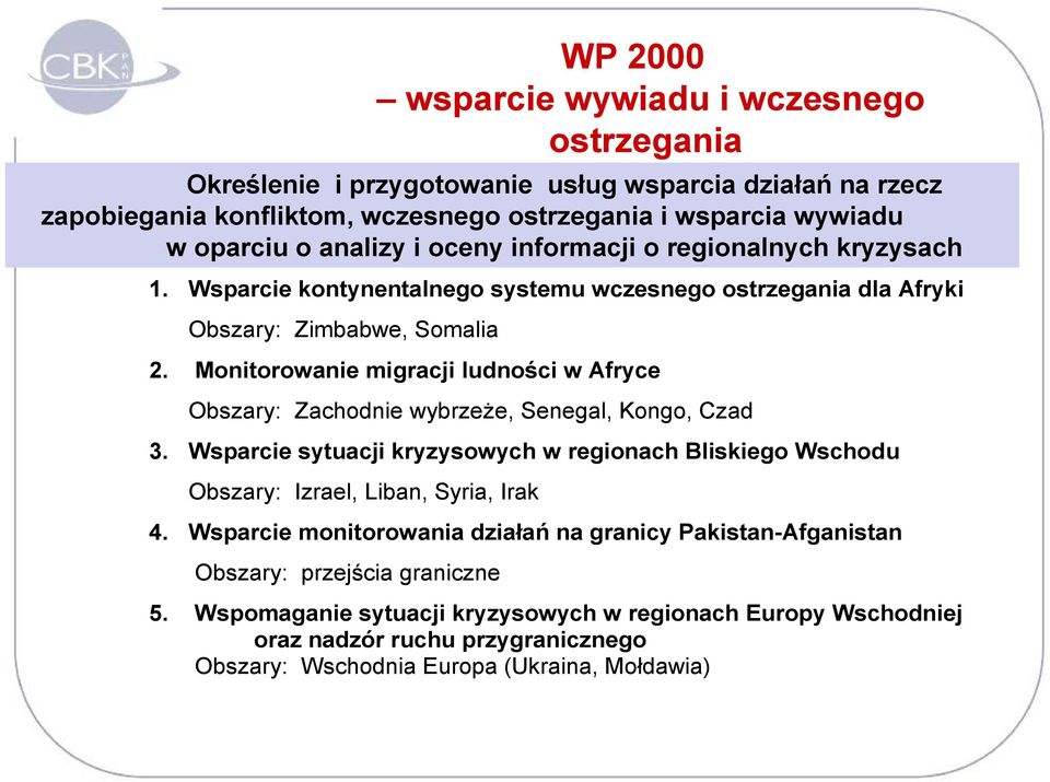 Monitorowanie migracji ludności w Afryce Obszary: Zachodnie wybrzeże, Senegal, Kongo, Czad 3. Wsparcie sytuacji kryzysowych w regionach Bliskiego Wschodu Obszary: Izrael, Liban, Syria, Irak 4.