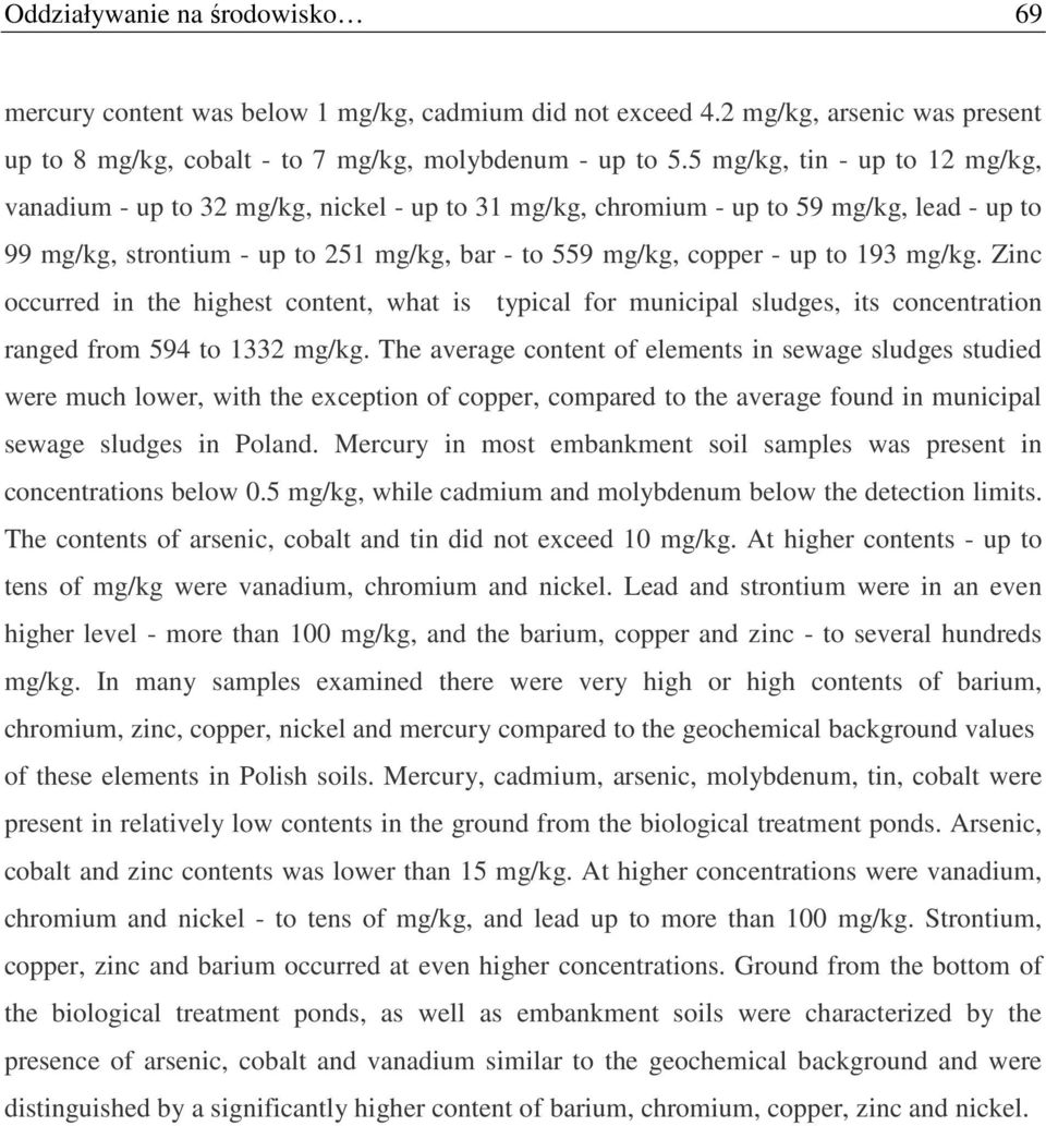 193 mg/kg. Zinc occurred in the highest content, what is typical for municipal sludges, its concentration ranged from 594 to 1332 mg/kg.