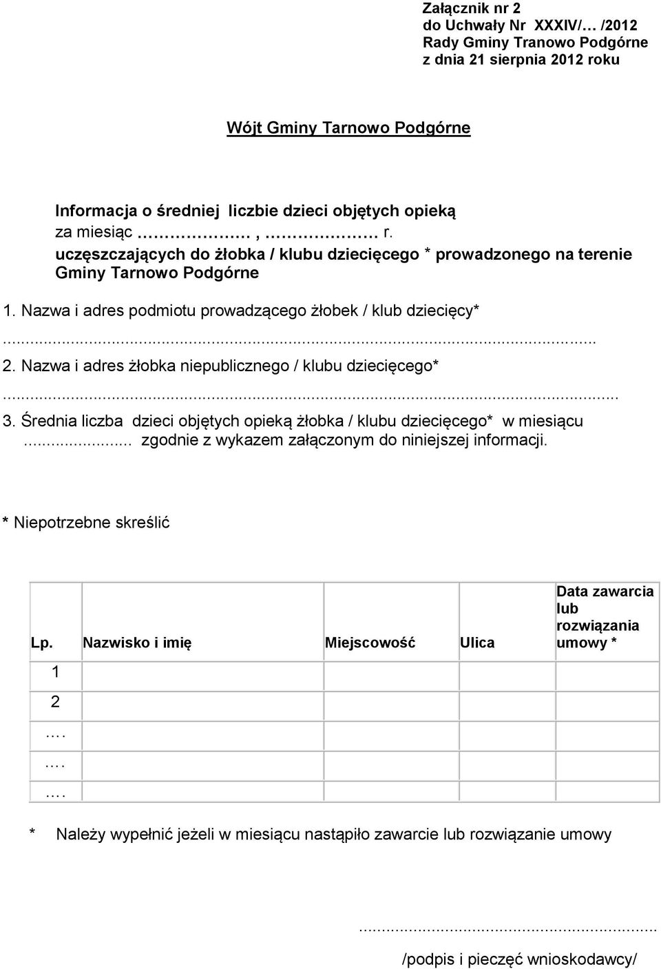 Nazwa i adres żłobka niepublicznego / klubu dziecięcego*... 3. Średnia liczba dzieci objętych opieką żłobka / klubu dziecięcego* w miesiącu.