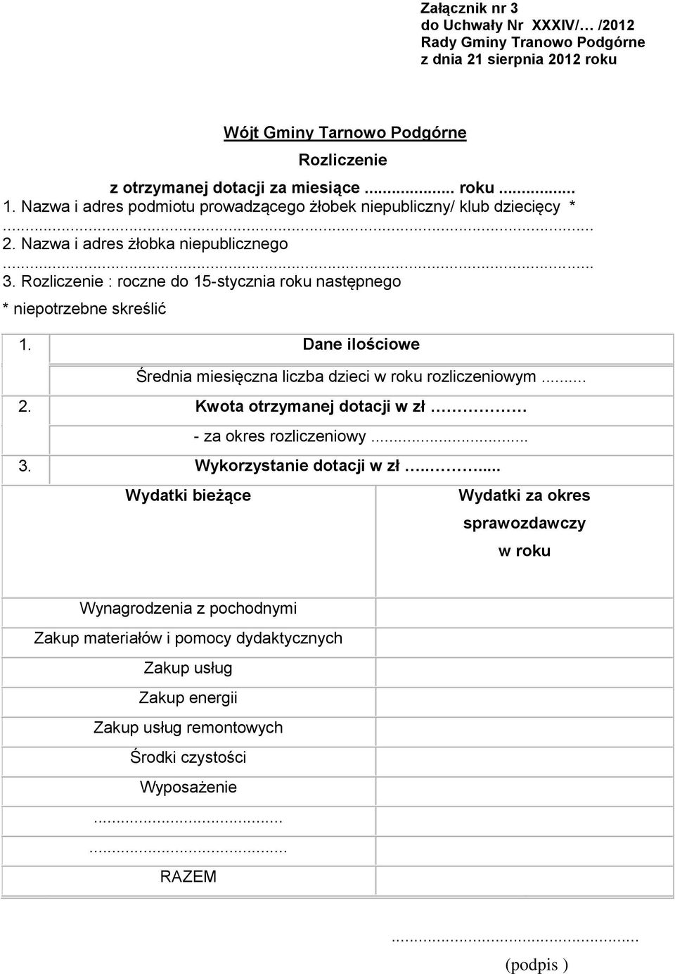 Rozliczenie : roczne do 15-stycznia roku następnego * niepotrzebne skreślić 1. Dane ilościowe Średnia miesięczna liczba dzieci w roku rozliczeniowym... 2.