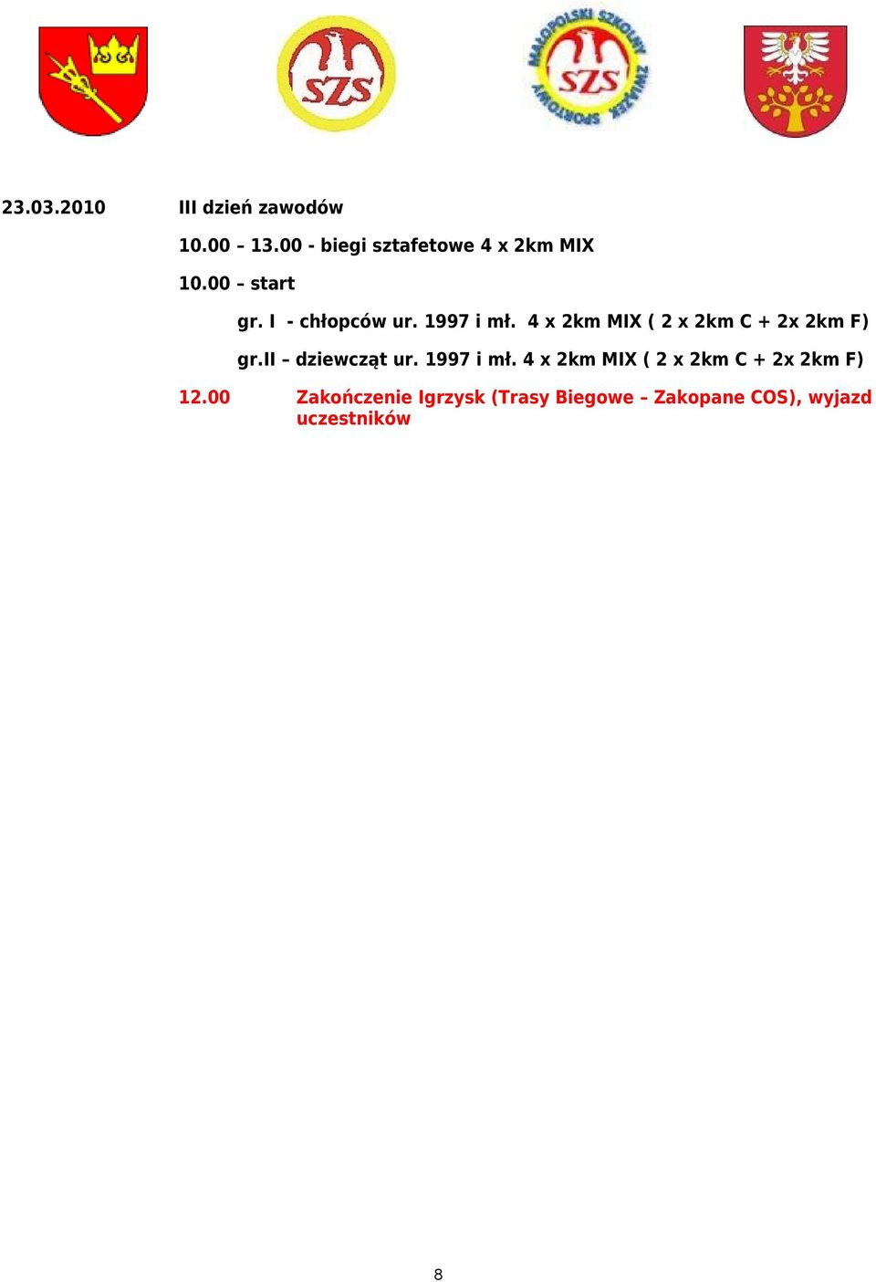 1997 i mł. 4 x 2km MIX ( 2 x 2km C + 2x 2km F) gr.ii dziewcząt ur.