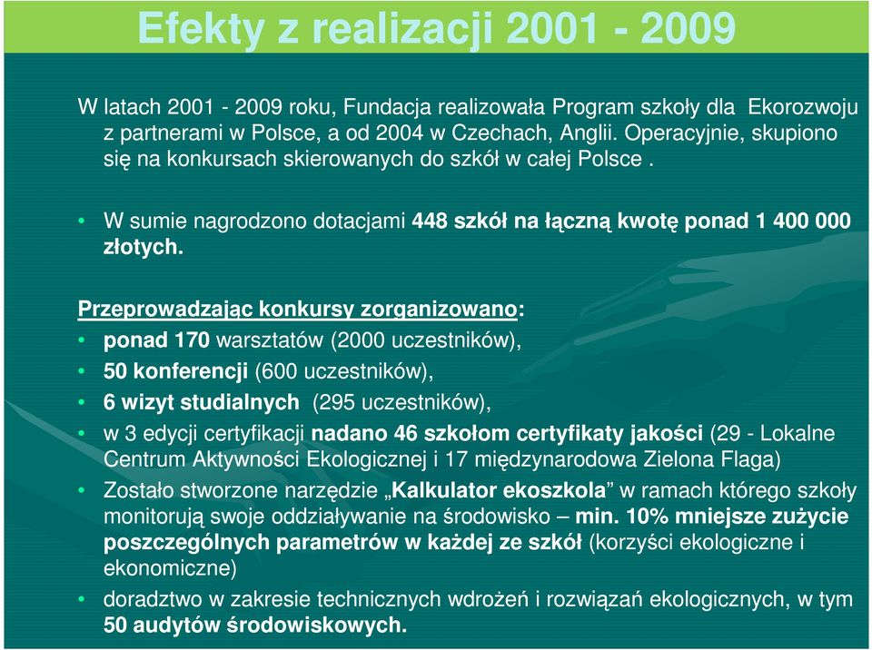 Przeprowadzając konkursy zorganizowano: ponad 170 warsztatów (2000 uczestników), 50 konferencji (600 uczestników), 6 wizyt studialnych (295 uczestników), w 3 edycji certyfikacji nadano 46 szkołom