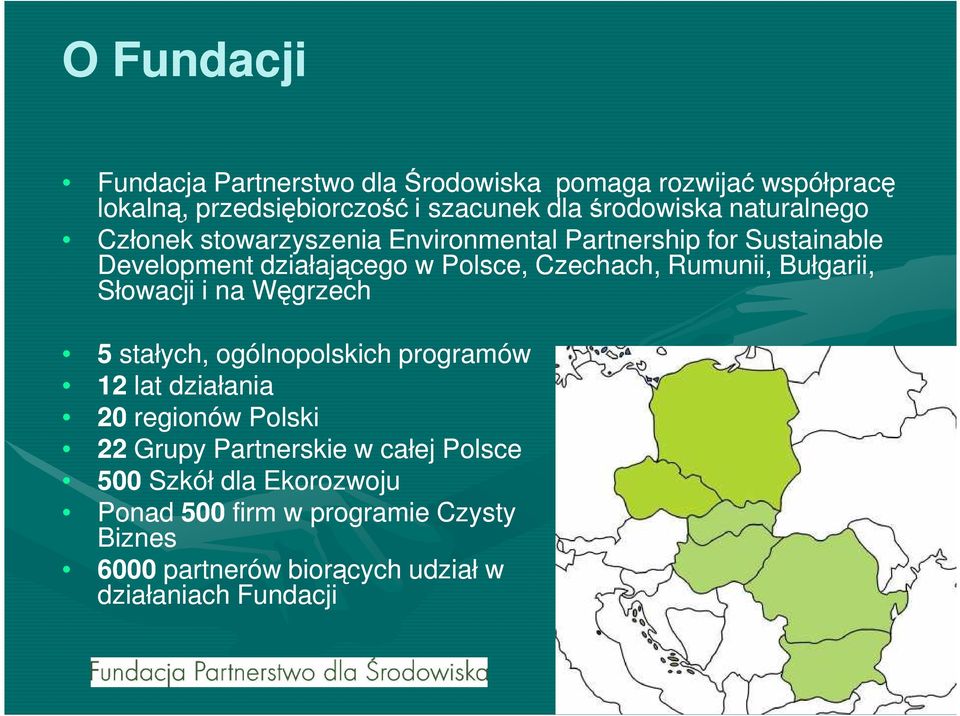 Rumunii, Bułgarii, Słowacji i na Węgrzech 5 stałych, ogólnopolskich programów 12 lat działania 20 regionów Polski 22 Grupy