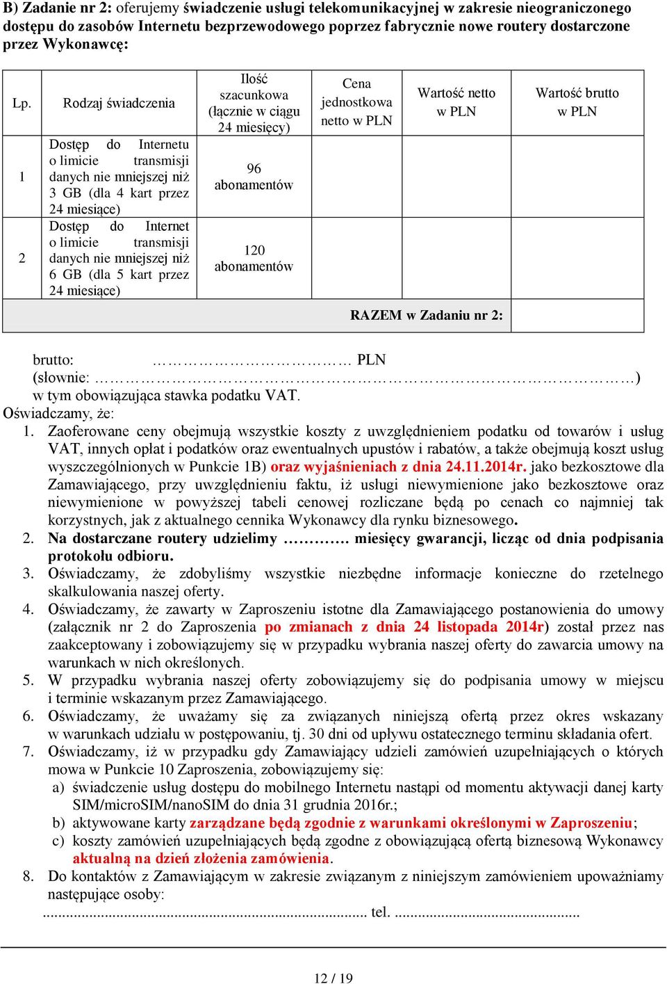 (dla 5 kart przez 24 miesiące) Ilość szacunkowa (łącznie w ciągu 24 miesięcy) 96 abonamentów 120 abonamentów Cena jednostkowa netto w PLN Wartość netto w PLN Wartość brutto w PLN RAZEM w Zadaniu nr