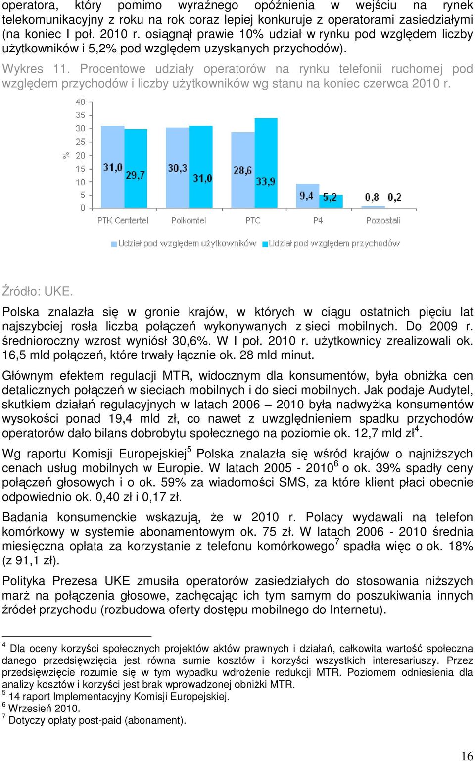 Procentowe udziały operatorów na rynku telefonii ruchomej pod względem przychodów i liczby uŝytkowników wg stanu na koniec czerwca 2010 r. Źródło: UKE.