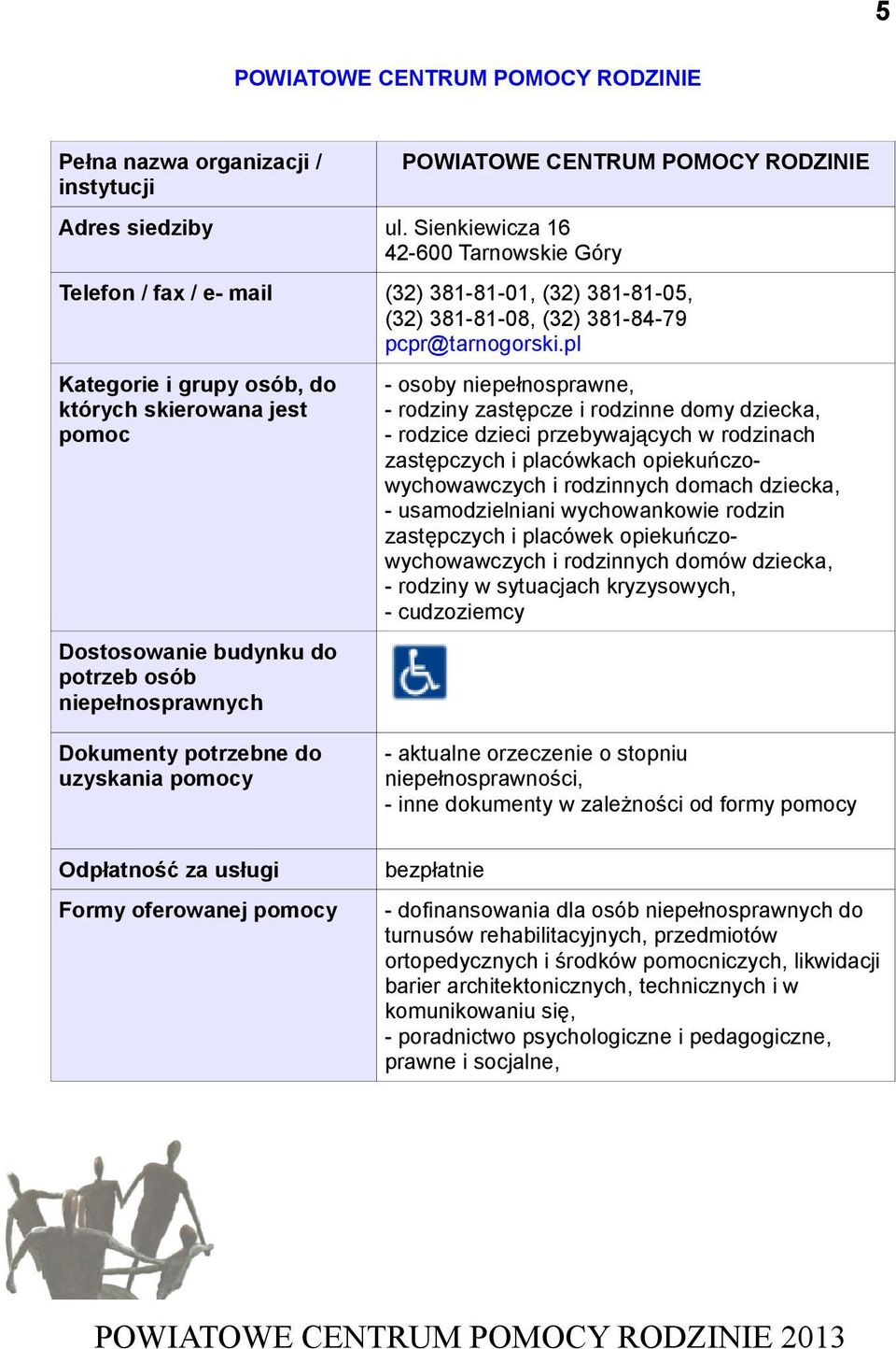 pl - osoby niepełnosprawne, - rodziny zastępcze i rodzinne domy dziecka, - rodzice dzieci przebywających w rodzinach zastępczych i placówkach opiekuńczowychowawczych i rodzinnych domach dziecka, -