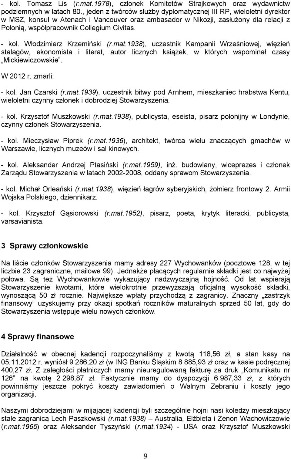 - kol. Włodzimierz Krzemiński (r.mat.1938), uczestnik Kampanii Wrześniowej, więzień stalagów, ekonomista i literat, autor licznych książek, w których wspominał czasy Mickiewiczowskie. W 2012 r.