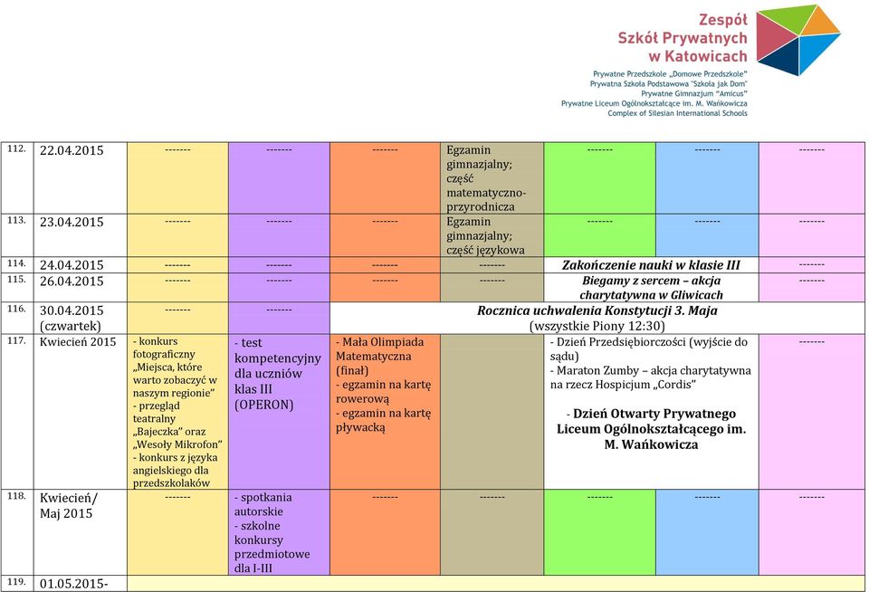 Kwiecień 2015 - konkurs fotograficzny Miejsca, które warto zobaczyć w naszym regionie - przegląd teatralny Bajeczka oraz Wesoły Mikrofon - konkurs z języka angielskiego dla przedszkolaków 118.