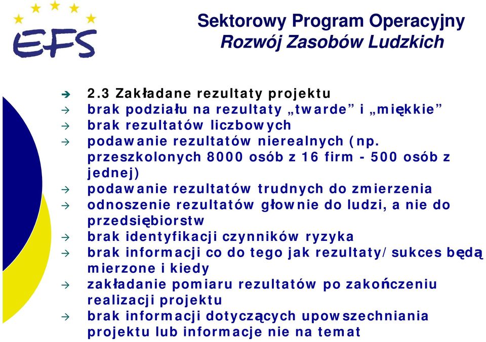 ludzi, a nie do przedsiębiorstw brak identyfikacji czynników ryzyka brak informacji co do tego jak rezultaty/sukces będą mierzone i kiedy