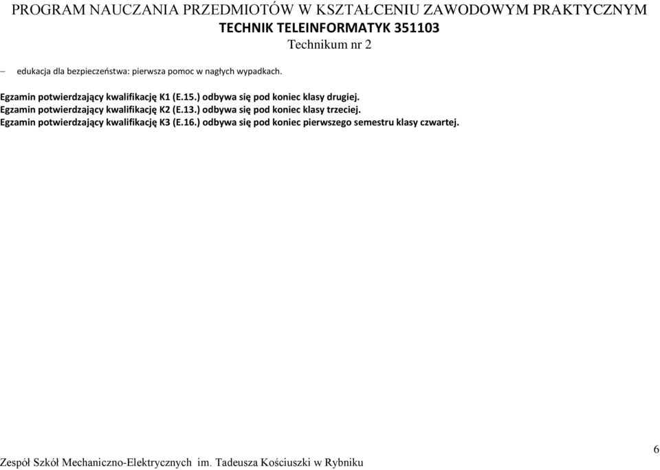 ) odbywa się pod koniec klasy drugiej. Egzamin potwierdzający kwalifikację K2 (E.13.