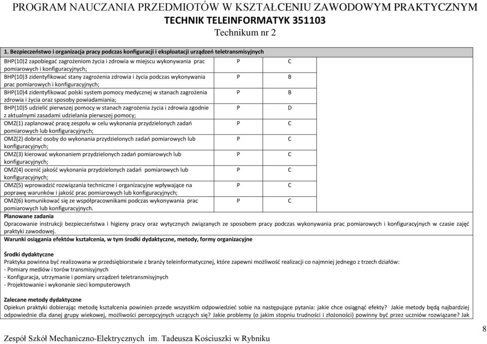 konfiguracyjnych; BH(10)3 zidentyfikować stany zagrożenia zdrowia i życia podczas wykonywania B prac pomiarowych i konfiguracyjnych; BH(10)4 zidentyfikować polski system pomocy medycznej w stanach