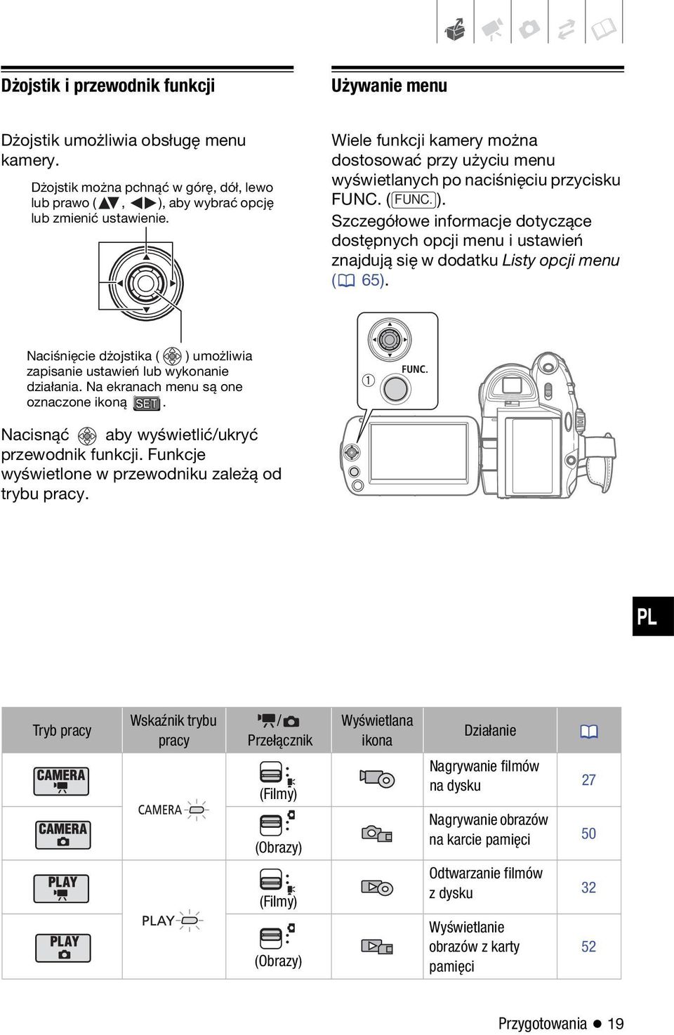 Szczegółowe informacje dotyczące dostępnych opcji menu i ustawień znajdują się w dodatku Listy opcji menu ( 65). Naciśnięcie dżojstika ( ) umożliwia zapisanie ustawień lub wykonanie działania.