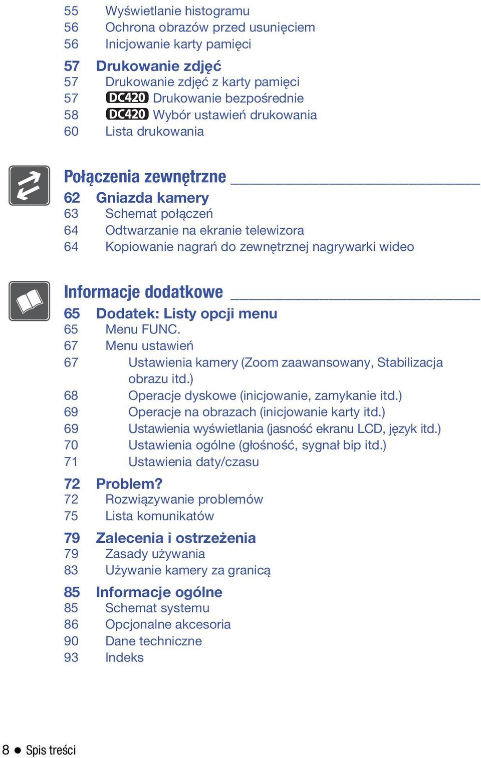 dodatkowe 65 Dodatek: Listy opcji menu 65 Menu 67 Menu ustawień 67 Ustawienia kamery (Zoom zaawansowany, Stabilizacja obrazu itd.) 68 Operacje dyskowe (inicjowanie, zamykanie itd.