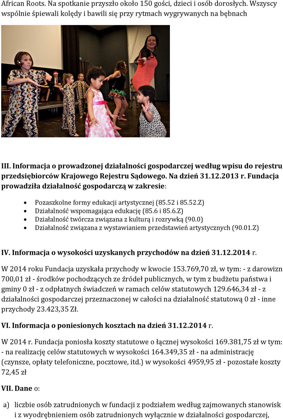 Fundacja prowadziła działalność gospodarczą w zakresie: Pozaszkolne formy edukacji artystycznej (85.52 i 85.52.Z) Działalność wspomagająca edukację (85.6 