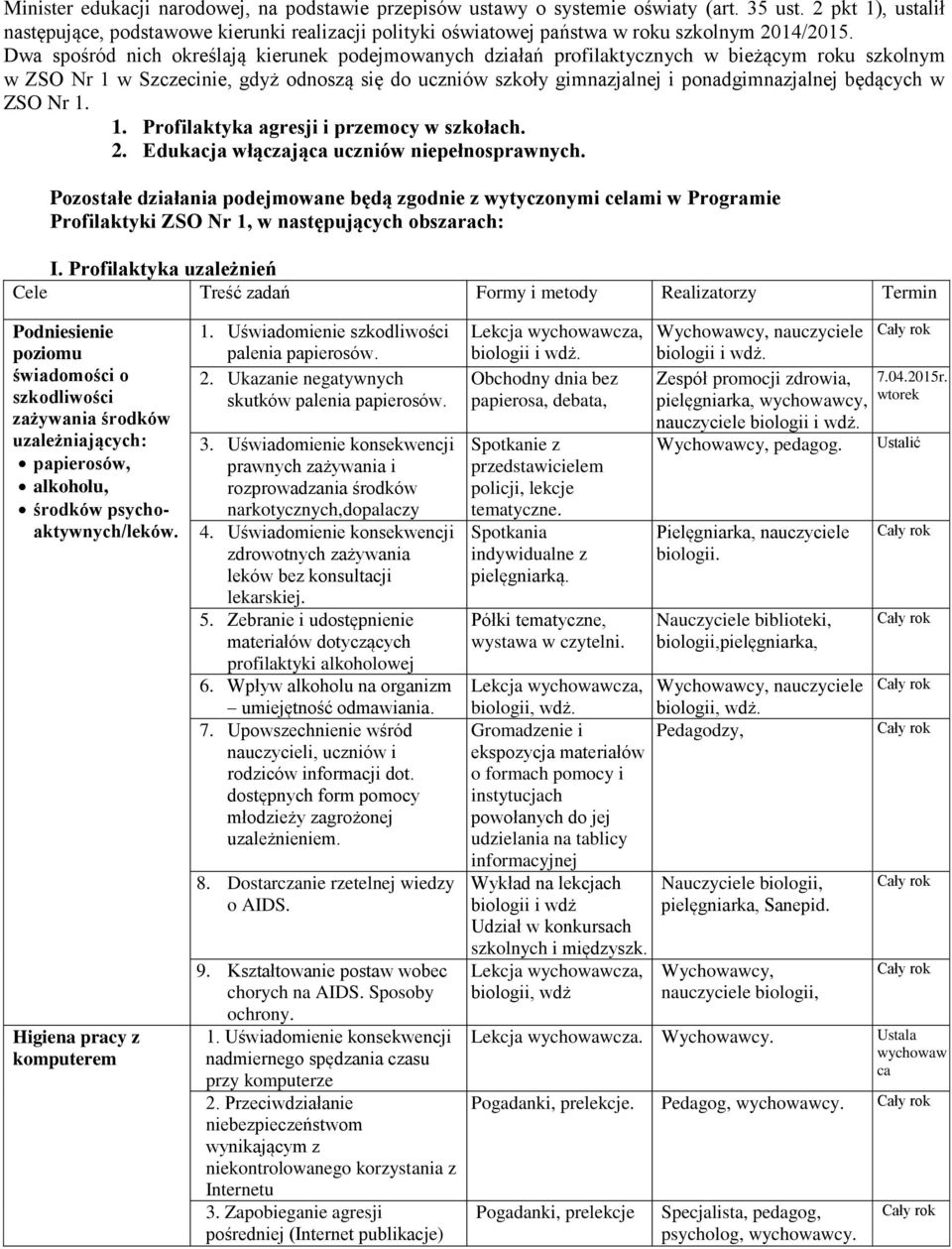 Dwa spośród nich określają kierunek podejmowanych działań profilaktycznych w bieżącym roku szkolnym w ZSO Nr 1 w Szczecinie, gdyż odnoszą się do uczniów szkoły gimnazjalnej i ponadgimnazjalnej