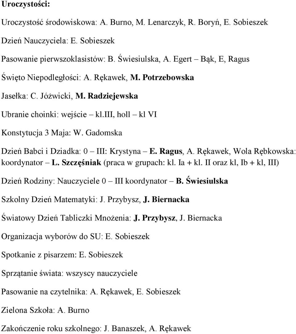 Gadomska Dzień Babci i Dziadka: 0 III: Krystyna E. Ragus, A. Rękawek, Wola Rębkowska: koordynator L. Szczęśniak (praca w grupach: kl. Ia + kl.