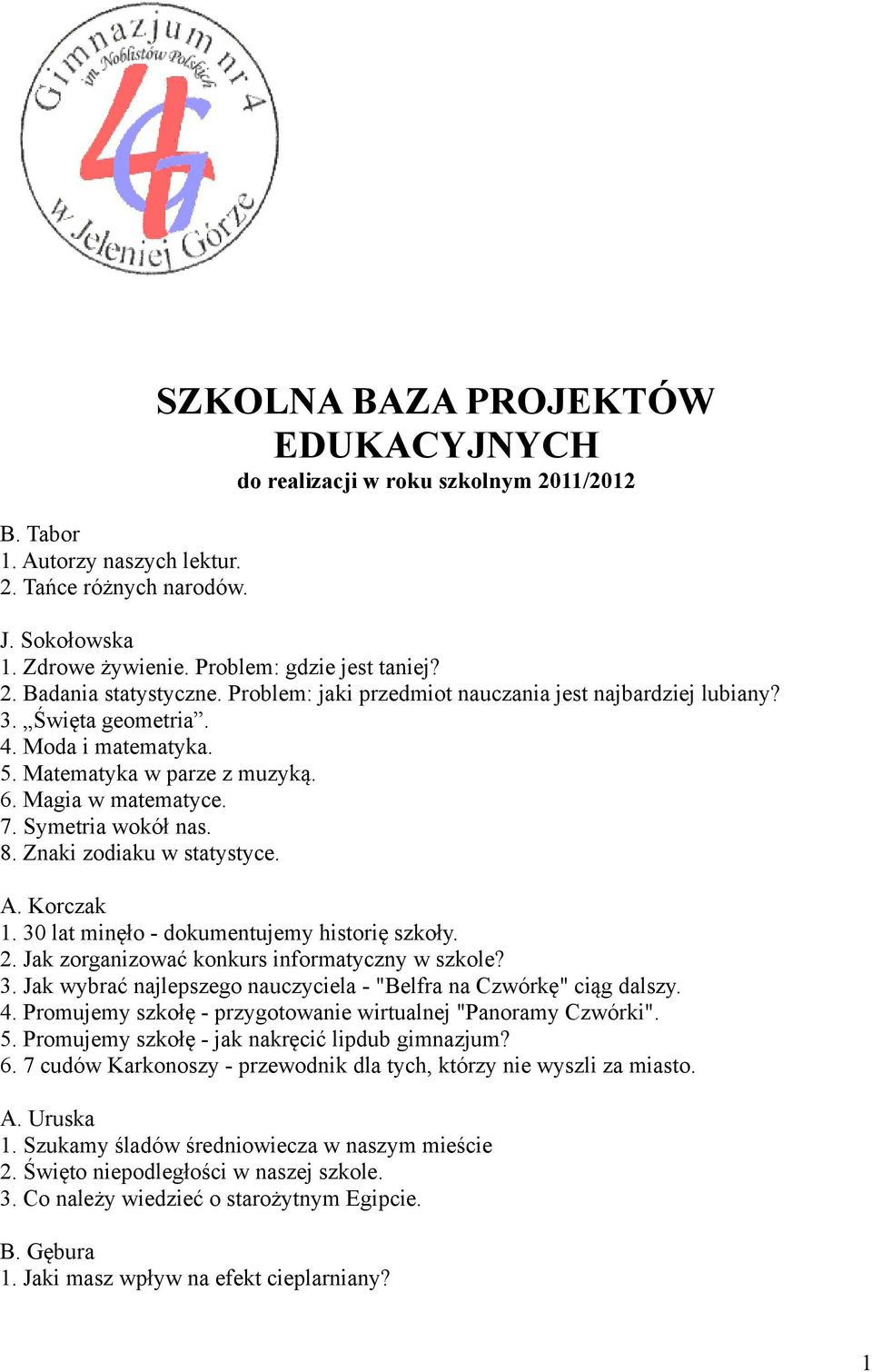 Symetria wokół nas. 8. Znaki zodiaku w statystyce. A. Korczak 1. 30 lat minęło - dokumentujemy historię szkoły. 2. Jak zorganizować konkurs informatyczny w szkole? 3. Jak wybrać najlepszego nauczyciela - "Belfra na Czwórkę" ciąg dalszy.