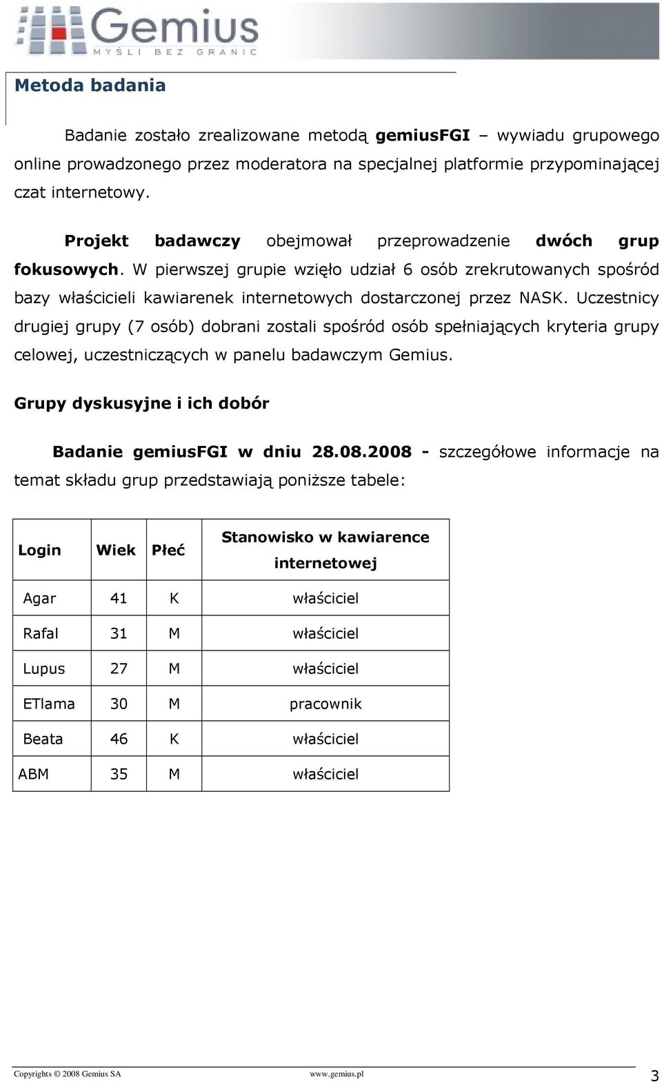 Uczestnicy drugiej grupy (7 osób) dobrani zostali spośród osób spełniających kryteria grupy celowej, uczestniczących w panelu badawczym Gemius.
