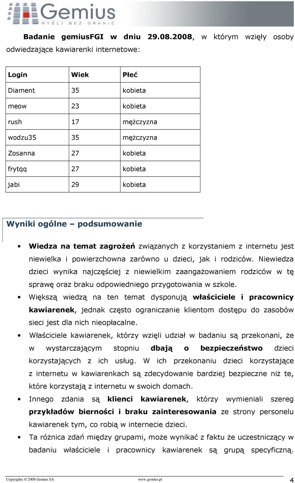 kobieta Wyniki ogólne podsumowanie Wiedza na temat zagroŝeń związanych z korzystaniem z internetu jest niewielka i powierzchowna zarówno u dzieci, jak i rodziców.