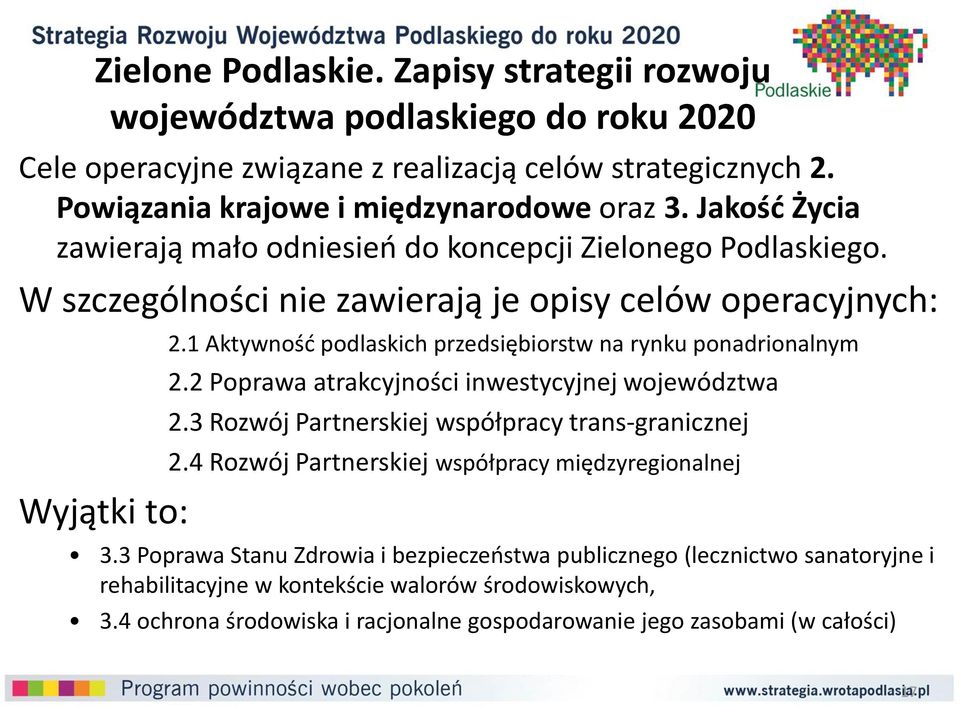 1 Aktywność podlaskich przedsiębiorstw na rynku ponadrionalnym 2.2 Poprawa atrakcyjności inwestycyjnej województwa 2.3 Rozwój Partnerskiej współpracy trans-granicznej 2.