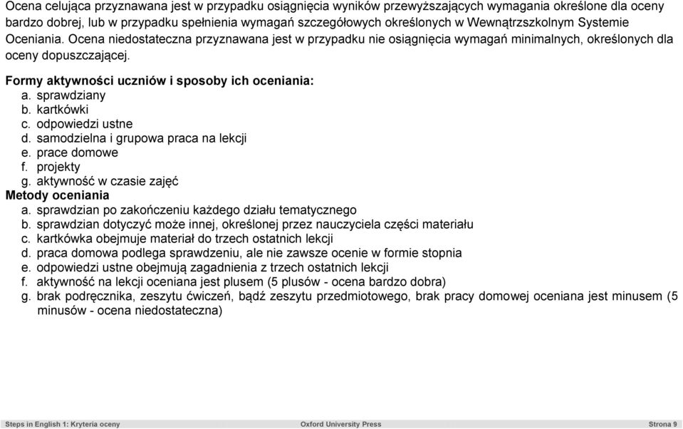 Formy aktywności uczniów i sposoby ich oceniania: a. sprawdziany b. kartkówki c. odpowiedzi ustne d. samodzielna i grupowa praca na lekcji e. prace domowe f. projekty g.