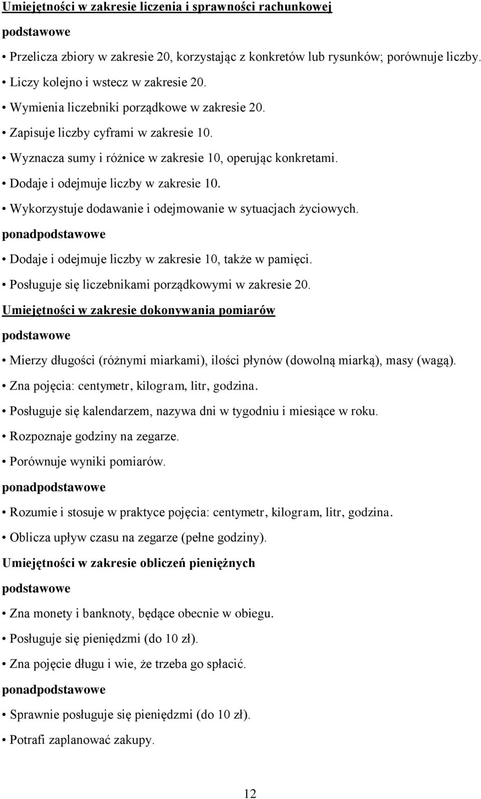 Wykorzystuje dodawanie i odejmowanie w sytuacjach życiowych. ponad Dodaje i odejmuje liczby w zakresie 10, także w pamięci. Posługuje się liczebnikami porządkowymi w zakresie 20.